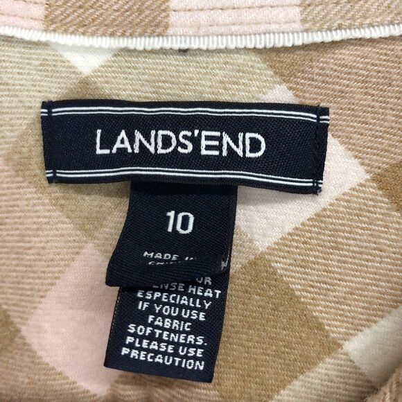 Lands End Womens Flannel Shirt Top Size 10 Long Sleeve Button Down Tan Pink - Picture 5 of 12